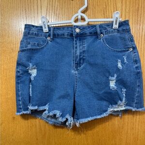 Distressed High-Rise Denim Jean Shorts - Blue